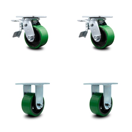 Service Caster 4 Inch Green Poly on Cast Iron Caster Set with Ball Bearings 2 Brakes 2 Rigid SCC-TTL30S420-PUB-GB-2-R-2